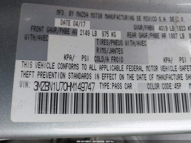 45130927 :رقم المزاد ، 3MZBN1U70HM149747 vin ، 2017 Mazda Mazda3 Sport مزاد بيع