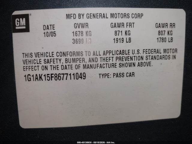 Aukcja sprzedaży 2006 Chevrolet Cobalt Ls, vin: 1G1AK15F867711049, numer aukcji: 45130930