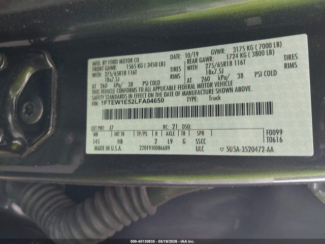 Aukcja sprzedaży 2020 Ford F-150 Lariat, vin: 1FTEW1E52LFA04650, numer aukcji: 45130935