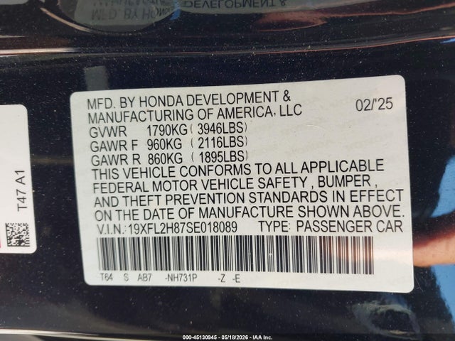 Продажа на аукционе авто 2025 Honda Civic Sedan Sport, vin: 19XFL2H87SE018089, номер лота: 45130945