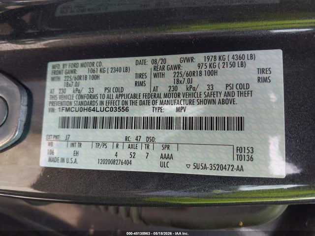 45130963 :رقم المزاد ، 1FMCU0H64LUC03556 vin ، 2020 Ford Escape Sel مزاد بيع