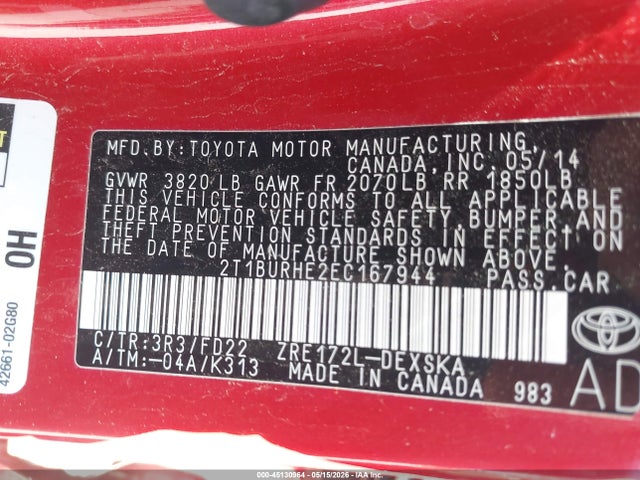 Aukcja sprzedaży 2014 Toyota Corolla S Plus, vin: 2T1BURHE2EC167944, numer aukcji: 45130964