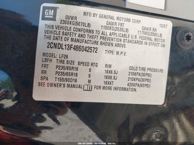 Продажа на аукционе авто 2008 Chevrolet Equinox Ls, vin: 2CNDL13F486042572, номер лота: 45130980