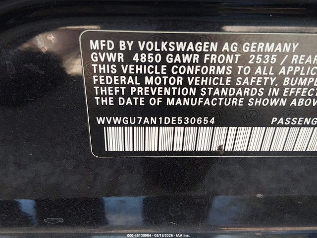 45130984 :رقم المزاد ، WVWGU7AN1DE530654 vin ، 2013 Volkswagen Cc 3.6l Vr6 Executive مزاد بيع