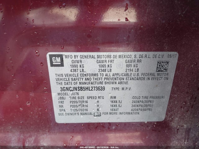Aukcja sprzedaży 2017 Chevrolet Trax Ls, vin: 3GNCJNSB5HL273639, numer aukcji: 45130992