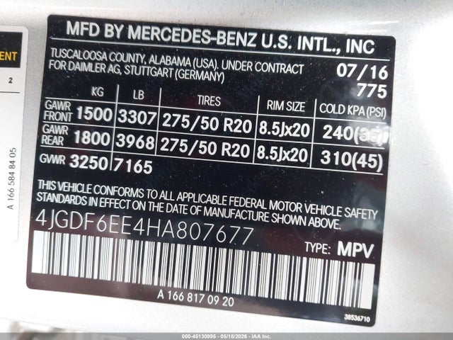 45130995 :رقم المزاد ، 4JGDF6EE4HA807677 vin ، 2017 Mercedes-benz Gls 450 4matic مزاد بيع