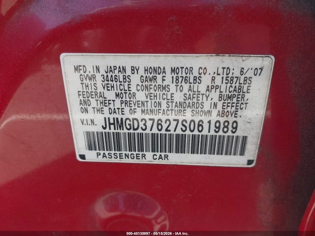 Aukcja sprzedaży 2007 Honda Fit Sport, vin: JHMGD37627S061989, numer aukcji: 45130997