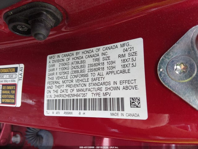 2HKRW2H82MH647357 Honda Cr-v Awd Ex-l