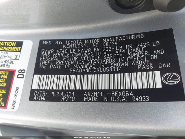 Aukcja sprzedaży 2024 Lexus Es 300h, vin: 58ADA1C12RU053317, numer aukcji: 45131006