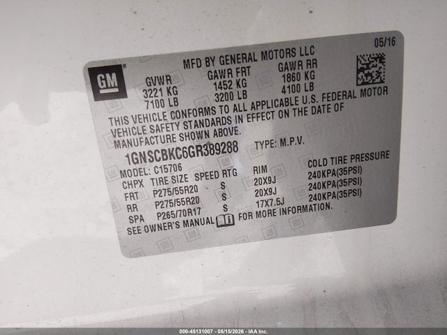 Aukcja sprzedaży 2016 Chevrolet Tahoe Lt, vin: 1GNSCBKC6GR389288, numer aukcji: 45131007