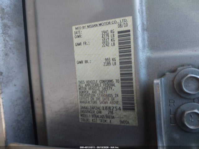 Aukcja sprzedaży 2010 Nissan Altima 2.5, vin: 1N4AL2AP2AC188254, numer aukcji: 45131011