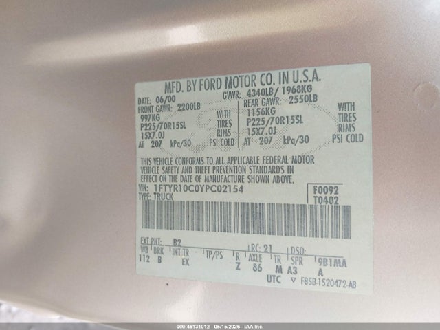 45131012 :رقم المزاد ، 1FTYR10C0YPC02154 vin ، 2000 Ford Ranger Xl/xlt مزاد بيع