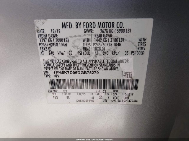 2013 Ford Explorer Xlt მანქანა იყიდება აუქციონზე, vin: 1FM5K7D96DGB75279, აუქციონის ნომერი: 45131015