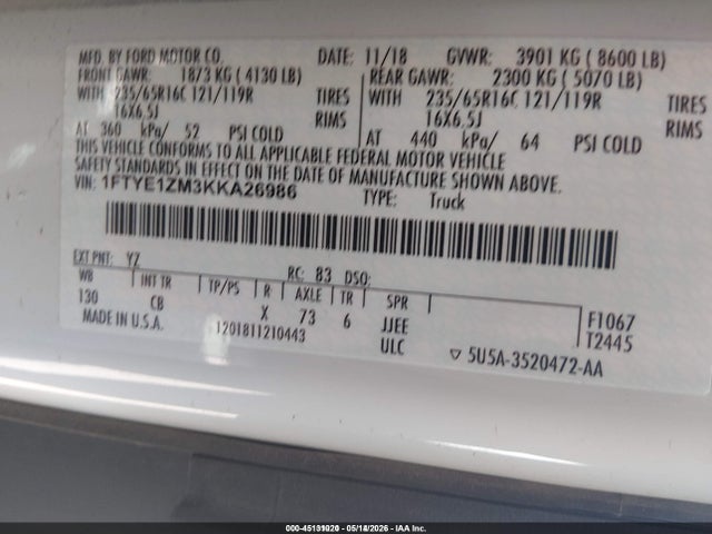 45131020 :رقم المزاد ، 1FTYE1ZM3KKA26986 vin ، 2019 Ford Transit-150 مزاد بيع