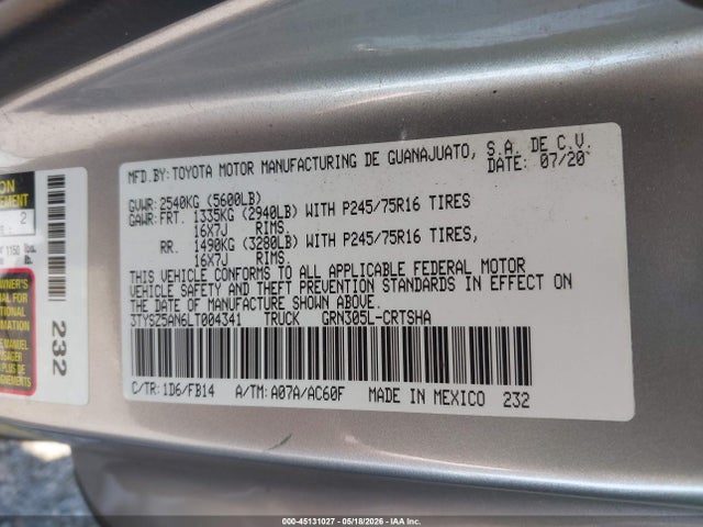 2020 Toyota Tacoma Sr V6 მანქანა იყიდება აუქციონზე, vin: 3TYSZ5AN6LT004341, აუქციონის ნომერი: 45131027