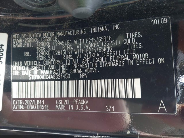 Aukcja sprzedaży 2010 Toyota Sienna Xle, vin: 5TDYK4CC4AS324450, numer aukcji: 45131040