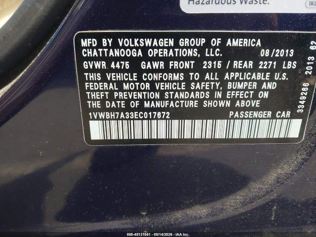 Aukcja sprzedaży 2014 Volkswagen Passat 2.5l Se, vin: 1VWBH7A33EC017672, numer aukcji: 45131041