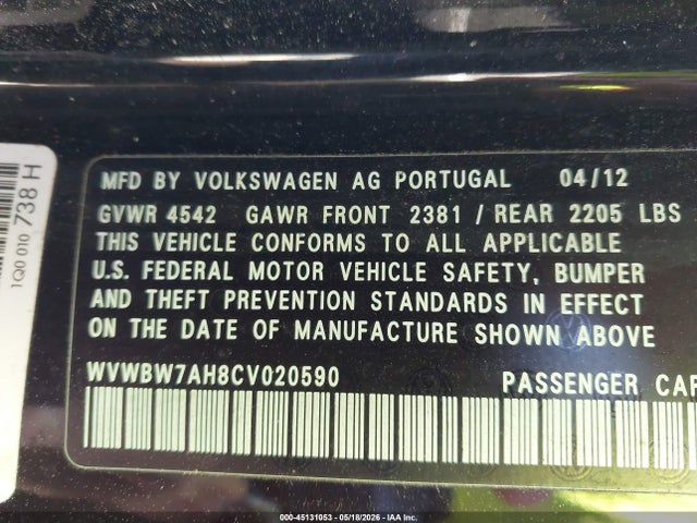 45131053 :رقم المزاد ، WVWBW7AH8CV020590 vin ، 2012 Volkswagen Eos Komfort مزاد بيع