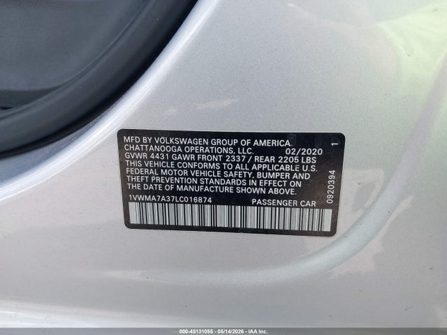 Продаж на аукціоні авто 2020 Volkswagen Passat 2.0t R-line, vin: 1VWMA7A37LC016874, номер лоту: 45131055
