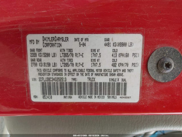 45131069 :رقم المزاد ، 3D7LU38C34G252513 vin ، 2004 Dodge Ram 3500 Slt/laramie مزاد بيع