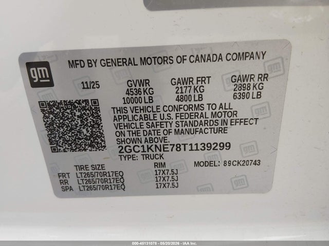 Auction sale of the 2026 Chevrolet Silverado 2500hd , Standard Bed, Lt, 4wd, vin: 2GC1KNE78T1139299, lot number: 45131078