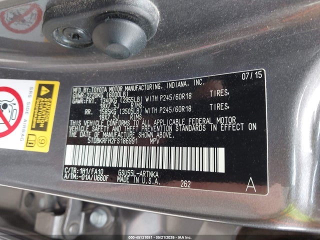 Продаж на аукціоні авто 2015 Toyota Highlander Le Plus V6, vin: 5TDBKRFH2FS186991, номер лоту: 45131081
