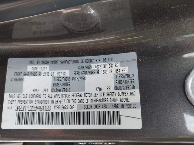 Продаж на аукціоні авто 2018 Mazda Mazda3 Touring, vin: 3MZBN1L30JM191128, номер лоту: 45131105