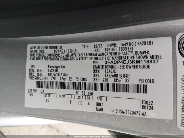 Aukcja sprzedaży 2019 Ford Fiesta Se, vin: 3FADP4EJ3KM116837, numer aukcji: 45131107