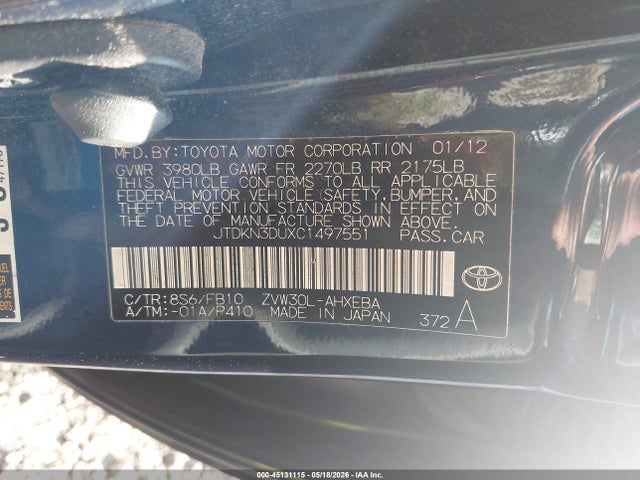 Aukcja sprzedaży 2012 Toyota Prius Two, vin: JTDKN3DUXC1497551, numer aukcji: 45131115