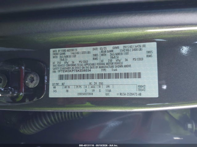 45131116 :رقم المزاد ، 1FTEW3KP7SKE08034 vin ، 2025 Ford F-150 Xlt مزاد بيع