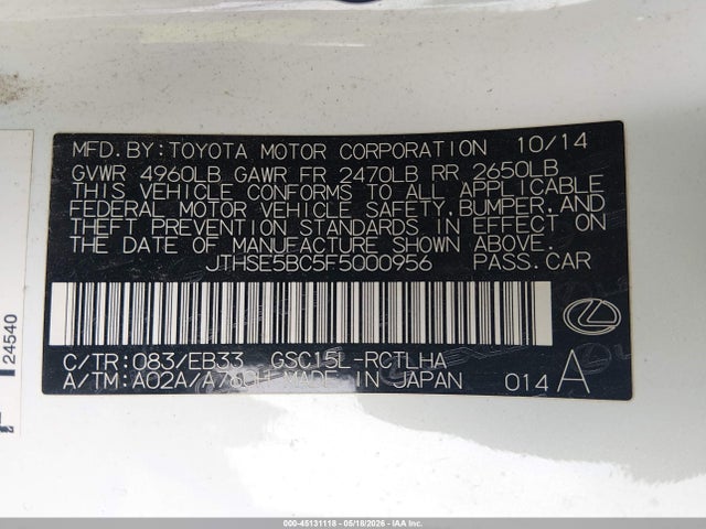 Aukcja sprzedaży 2015 Lexus Rc 350, vin: JTHSE5BC5F5000956, numer aukcji: 45131118