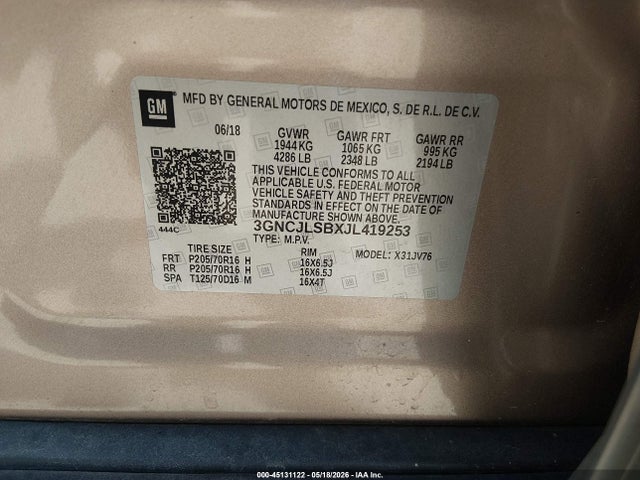 Продаж на аукціоні авто 2018 Chevrolet Trax Lt, vin: 3GNCJLSBXJL419253, номер лоту: 45131122