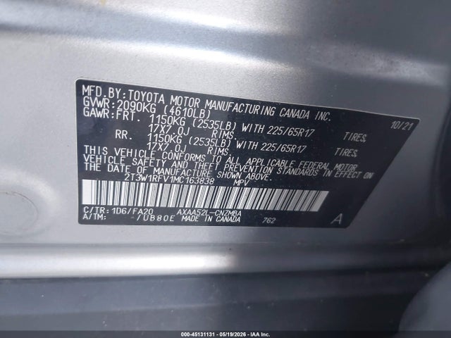 2021 Toyota Rav4 Xle მანქანა იყიდება აუქციონზე, vin: 2T3W1RFV1MC163838, აუქციონის ნომერი: 45131131