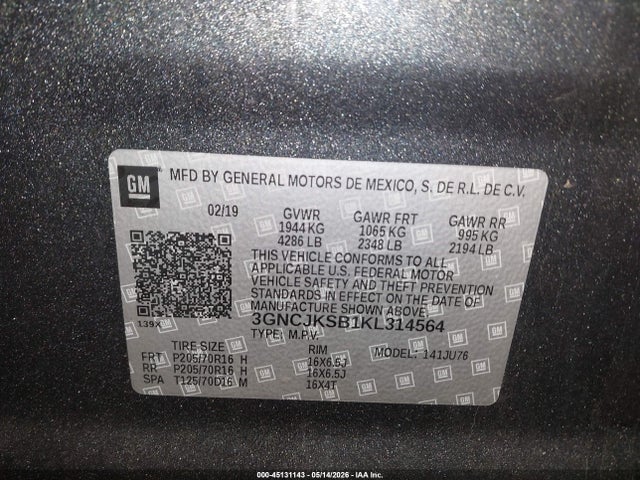 Aukcja sprzedaży 2019 Chevrolet Trax Ls, vin: 3GNCJKSB1KL314564, numer aukcji: 45131143