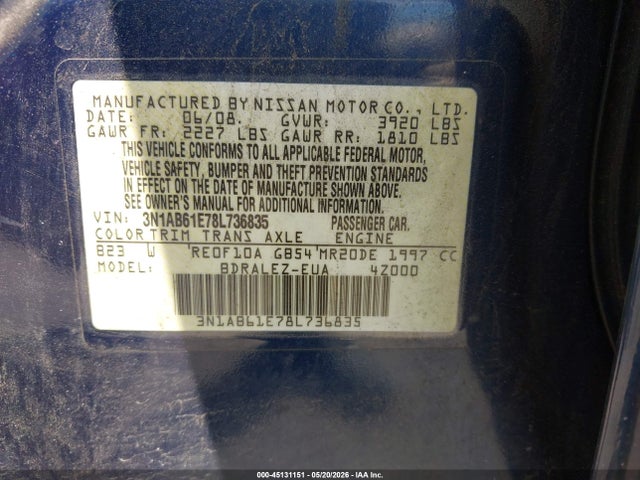 Aukcja sprzedaży 2008 Nissan Sentra 2.0s, vin: 3N1AB61E78L736835, numer aukcji: 45131151