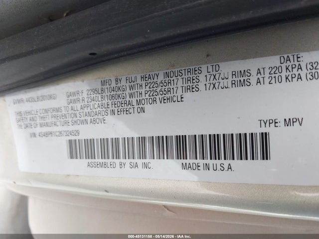 45131158 :رقم المزاد ، 4S4BP61C267324529 vin ، 2006 Subaru Outback 2.5i مزاد بيع
