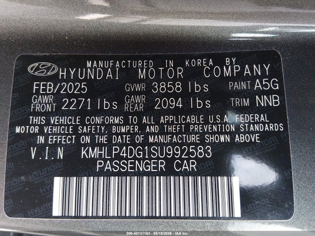 2025 Hyundai Elantra Limited მანქანა იყიდება აუქციონზე, vin: KMHLP4DG1SU992583, აუქციონის ნომერი: 45131163