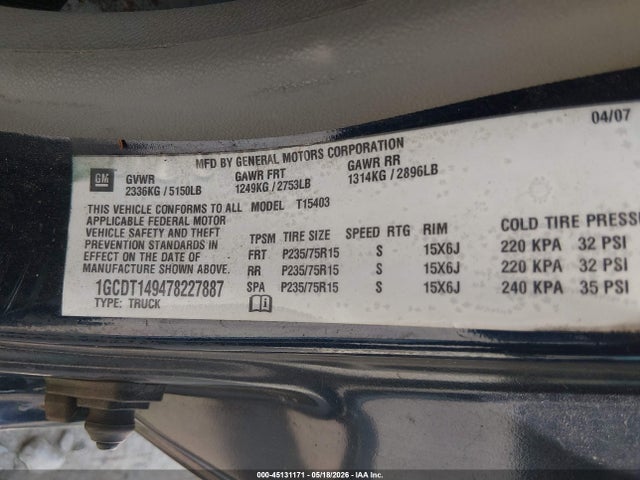 Продаж на аукціоні авто 2007 Chevrolet Colorado Work Truck, vin: 1GCDT149478227887, номер лоту: 45131171
