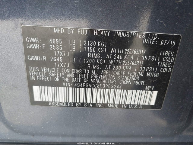 45131175 :رقم المزاد ، 4S4BSACC8F3363244 vin ، 2015 Subaru Outback 2.5i Premium مزاد بيع