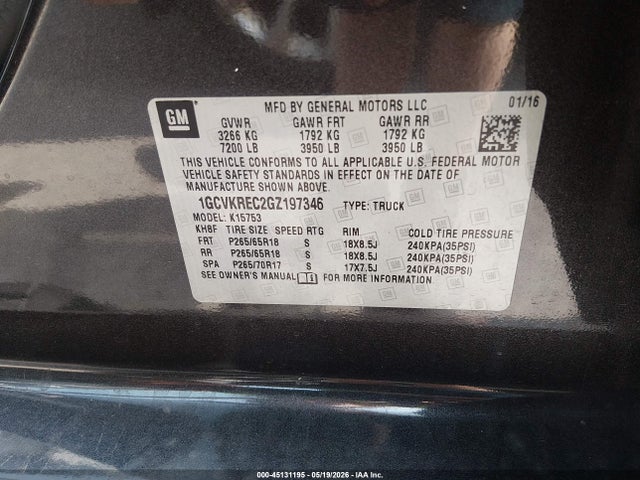 Aukcja sprzedaży 2016 Chevrolet Silverado 1500 1lt, vin: 1GCVKREC2GZ197346, numer aukcji: 45131195