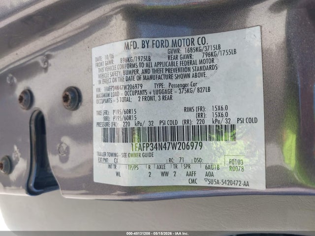 45131208 :رقم المزاد ، 1FAFP34N47W206979 vin ، 2007 Ford Focus S/se/ses مزاد بيع