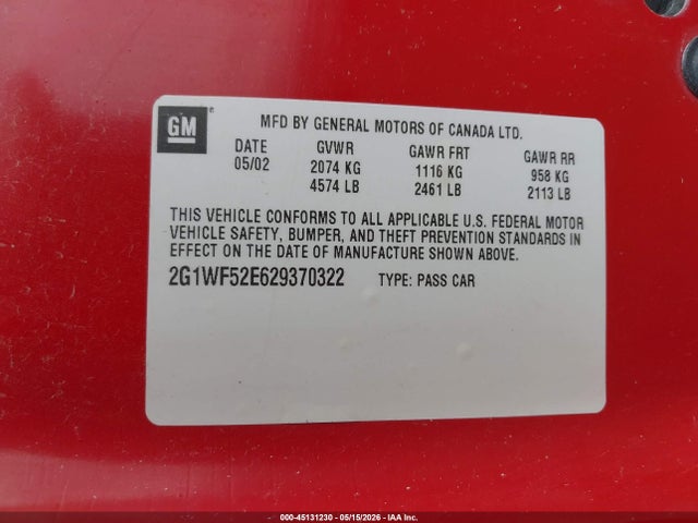 Продажа на аукционе авто 2002 Chevrolet Impala, vin: 2G1WF52E629370322, номер лота: 45131230