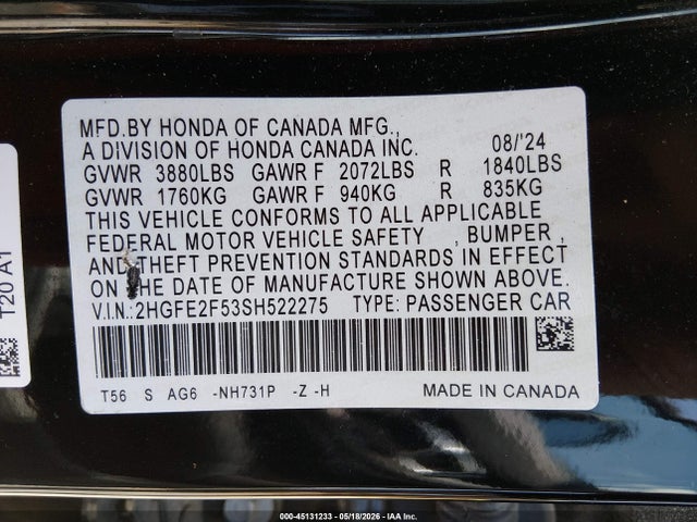 Auction sale of the 2025 Honda Civic Sport, vin: 2HGFE2F53SH522275, lot number: 45131233