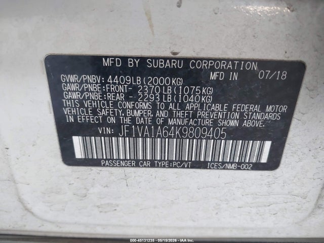 Subaru WRX 2019 JF1VA1A64K9809405 Image 9