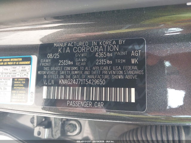 Продаж на аукціоні авто 2026 Kia K5 Lxs Fwd, vin: KNAG24J71T5429650, номер лоту: 45131237