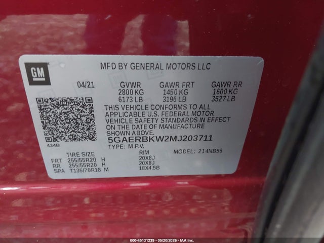 45131239 :رقم المزاد ، 5GAERBKW2MJ203711 vin ، 2021 Buick Enclave Fwd Essence مزاد بيع