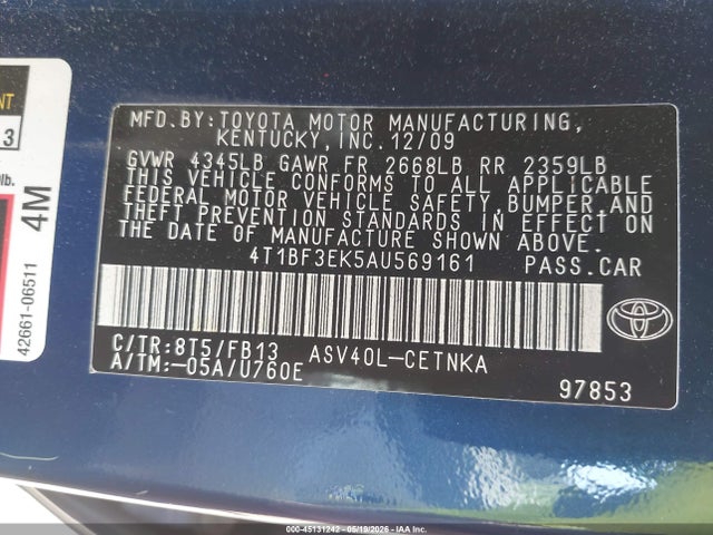 2010 Toyota Camry Le მანქანა იყიდება აუქციონზე, vin: 4T1BF3EK5AU569161, აუქციონის ნომერი: 45131242