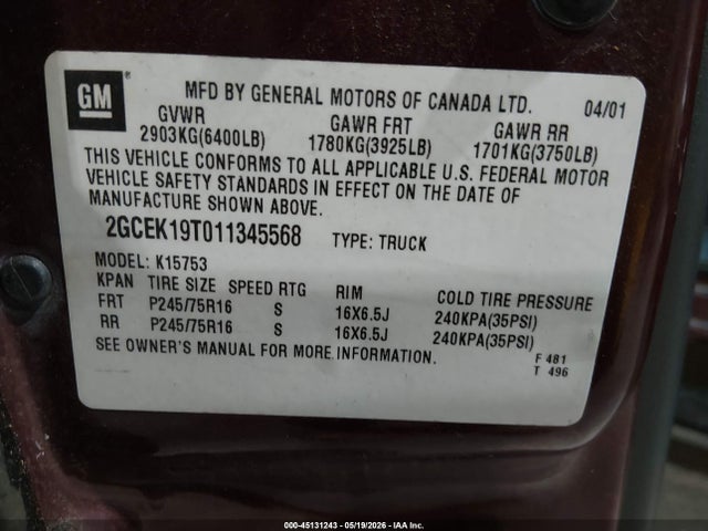 Продаж на аукціоні авто 2001 Chevrolet Silverado 1500 Ls, vin: 2GCEK19T011345568, номер лоту: 45131243