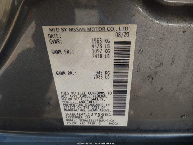 Aukcja sprzedaży 2020 Nissan Altima Sl Fwd, vin: 1N4BL4EV7LC275661, numer aukcji: 45131247