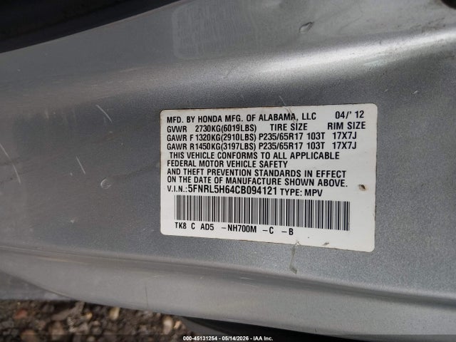 Aukcja sprzedaży 2012 Honda Odyssey Ex-l, vin: 5FNRL5H64CB094121, numer aukcji: 45131254